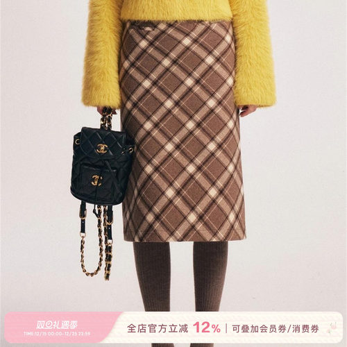 复古格纹直筒毛呢半身裙