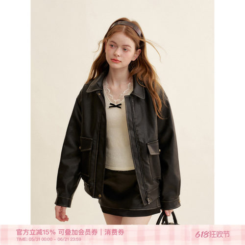 Kroche24aw复古双口袋皮衣外套