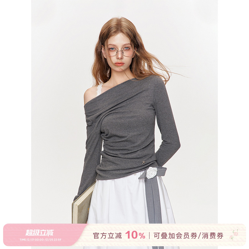 长袖秋日邂逅斜肩设计