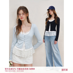 撞色U领假两件开衫 蕾丝花边拼接 上衣 Kroche 王楚然同款