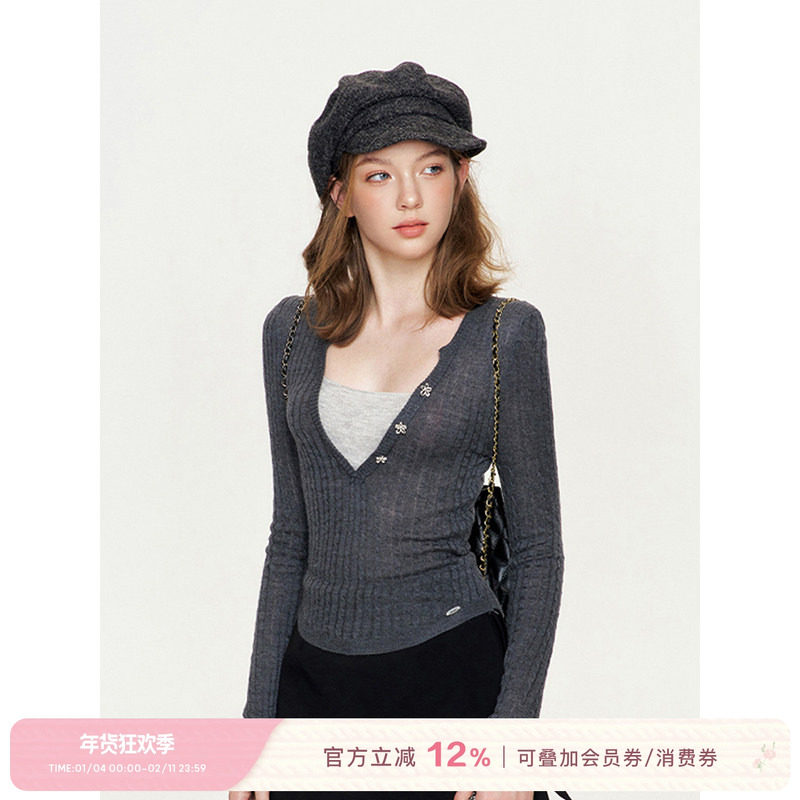 Kroche  浪漫法式 羊毛混纺 撞色花朵扣绞花假两件针织衫,女装/女士精品,毛针织衫,淘宝优惠券,粉丝福利购,淘宝优惠卷