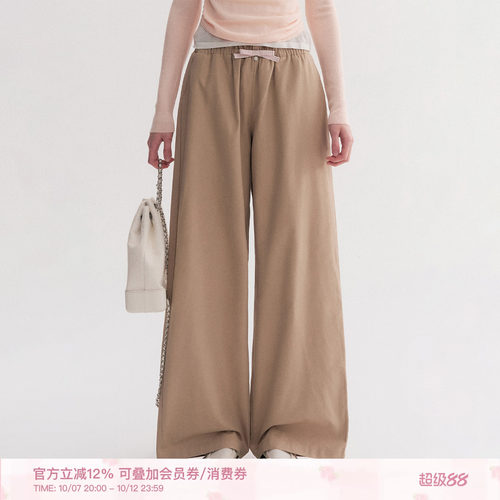 格纹拼接双腰头宽松阔腿休闲裤
