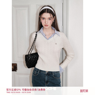 绞花肌理套头假两件针织衫 慵懒老钱风 上衣内搭 Kroche 汤不吃同款