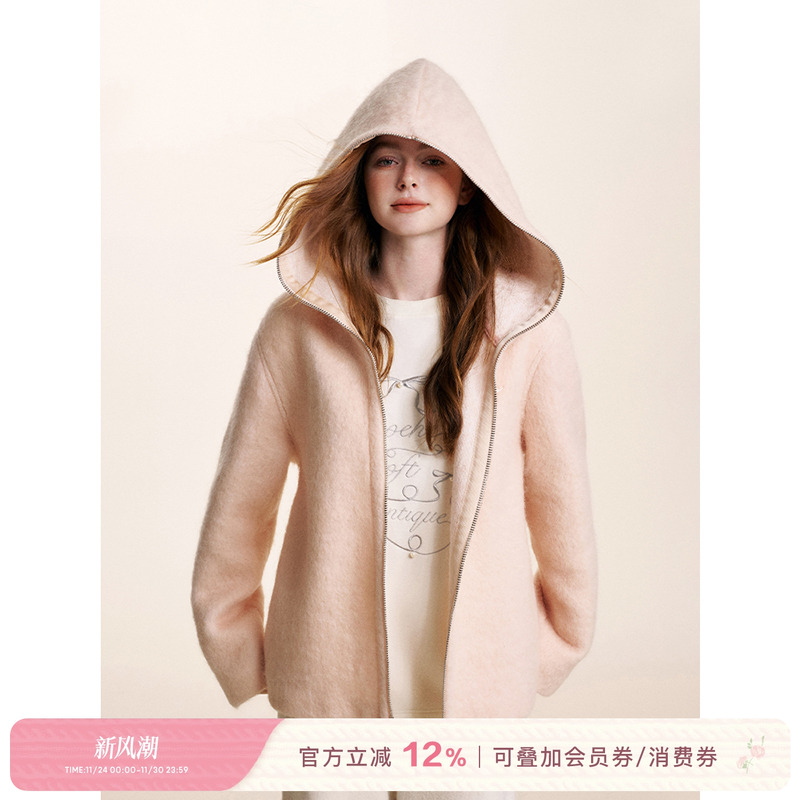 60羊毛柔雾蜜桃粉保暖毛呢外套