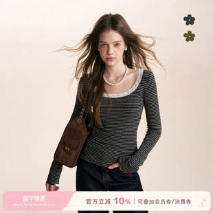 长袖 Kroche 大U领拼接蕾丝撞色细条纹绒感修身 浪漫蕾丝 T恤 25aw