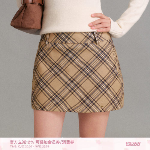 复古斜裁格纹A字包臀短款半身裙