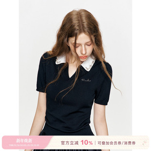 月见星河 polo领针织短袖 领口手工钉珠 修身 短款 Kroche