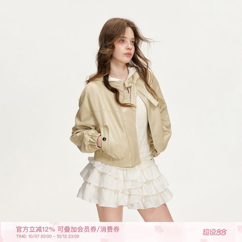 柔软环保pu皮蝴蝶结系带皮衣外套