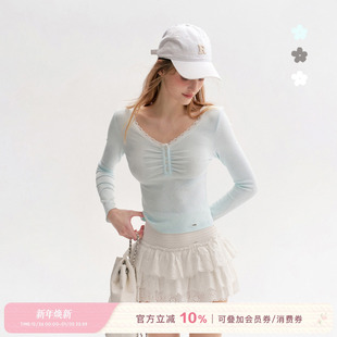 Kroche 针织细坑条V领长袖 25aw 蕾丝花边 T恤 浪漫法式 艾米同款