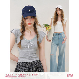 V领短袖 卢昱晓同款 蕾丝拼接小飞袖 蝴蝶结系带 T恤 Kroche