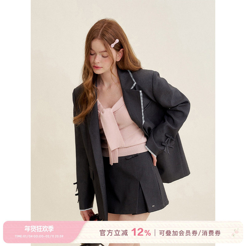 Kroche  浪漫法式 羊毛混纺 蝴蝶结平驳领宽松高级西装外套,女装/女士精品,短外套,淘宝优惠券,粉丝福利购,淘宝优惠卷