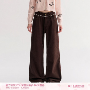 Kroche「100棉」馥郁巧克力 腰头撞色五瓣花刺绣阔腿直筒牛仔裤