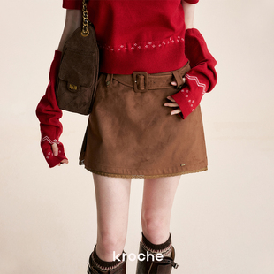 花边拼接A字半身裙裤 Kroche 麂皮绒腰带休闲短款 复古浪漫 25aw