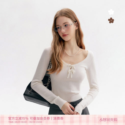 羊绒羊毛混纺双蝴蝶结U领针织衫