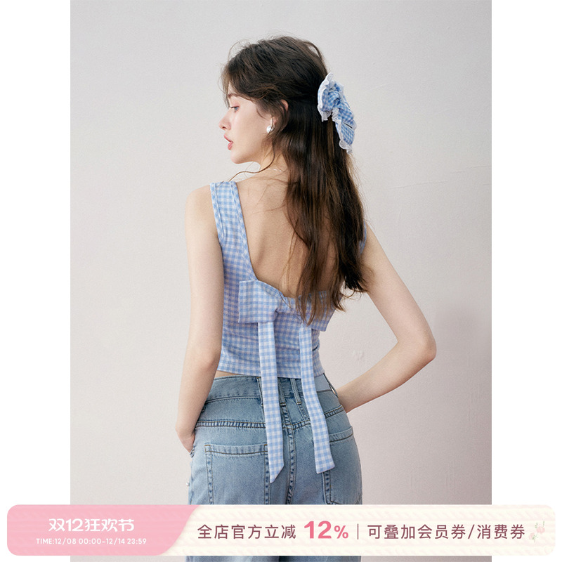 Kroche立体蝴蝶结格纹背心