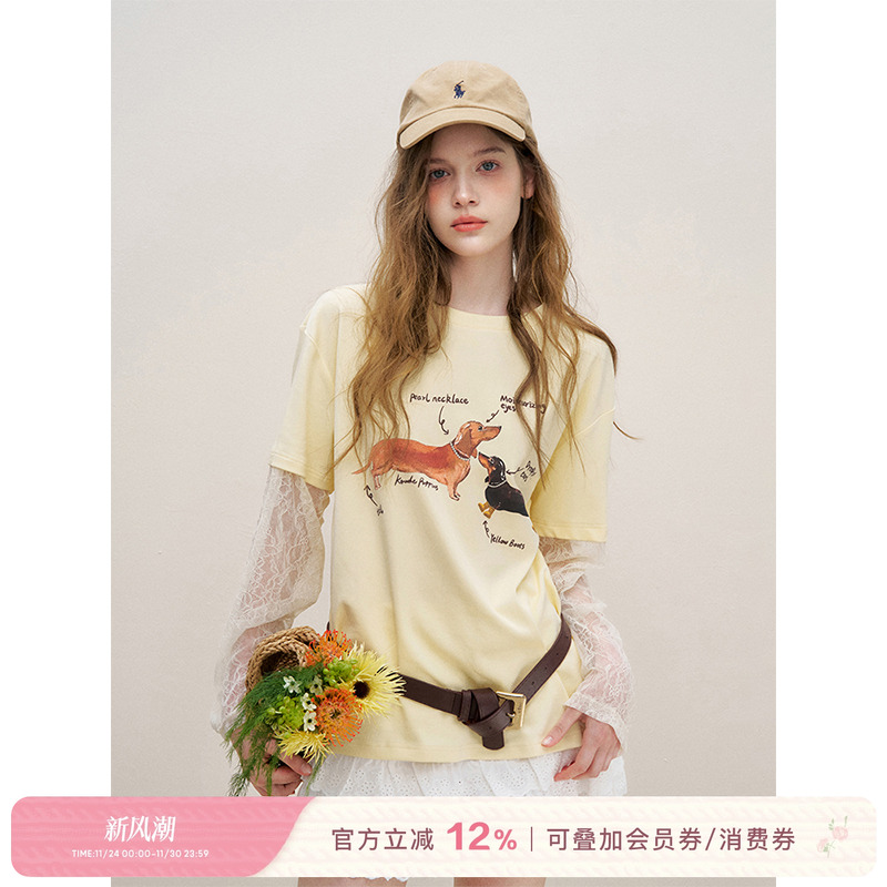 Kroche蕾丝拼接假两件长袖T恤