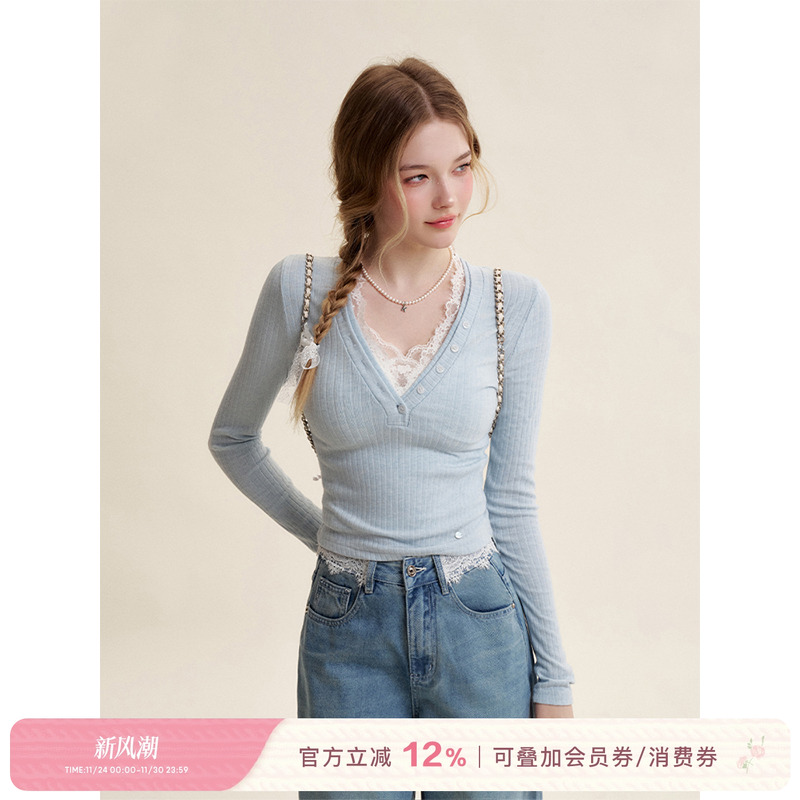 法式蕾丝拼接修身V领针织衫