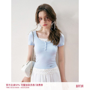 短袖 Kroche 蕾丝花边假两件修身 手绘花案 T恤 浪漫初夏