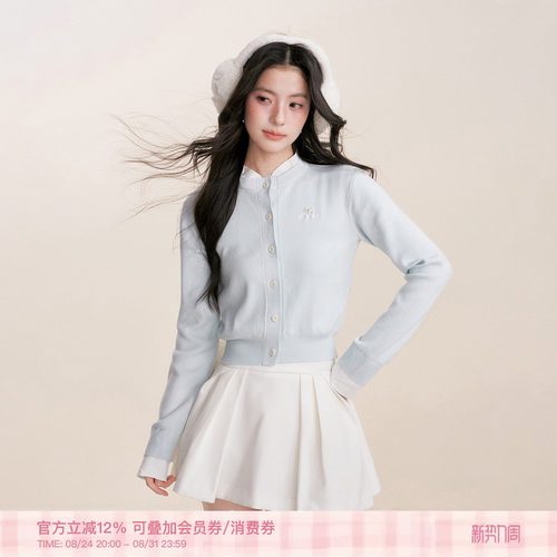 假两件拼接植绒小狗刺绣针织开衫