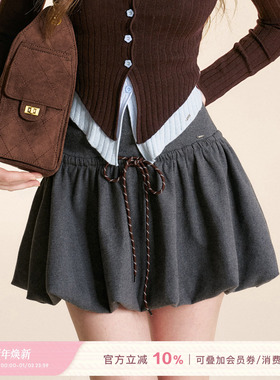 Kroche 25aw Geek chic 咖白撞色裤绳高腰加厚毛呢短款花苞半身裙