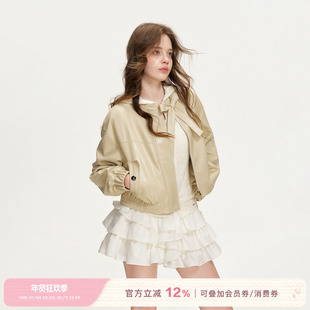 Kroche 26ss bowknot 柔软环保pu皮 领口蝴蝶结系带短款皮衣外套