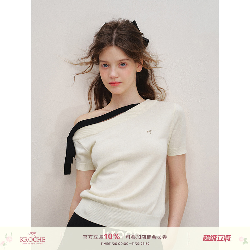 斜肩撞色蝴蝶结绑带短袖针织衫