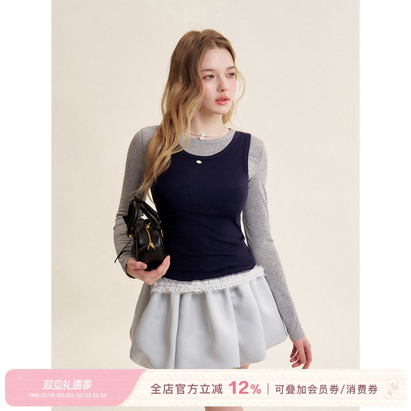 棉感背心长袖T恤两件套