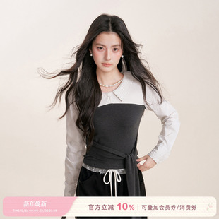 25aw 收腰衬衫 Geek 假两件条纹拼接针织翻领绑带长袖 chic Kroche