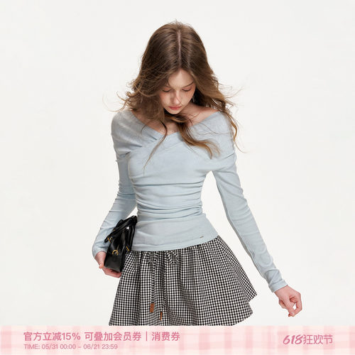 抽绳格纹无腰头A字短款半身裙