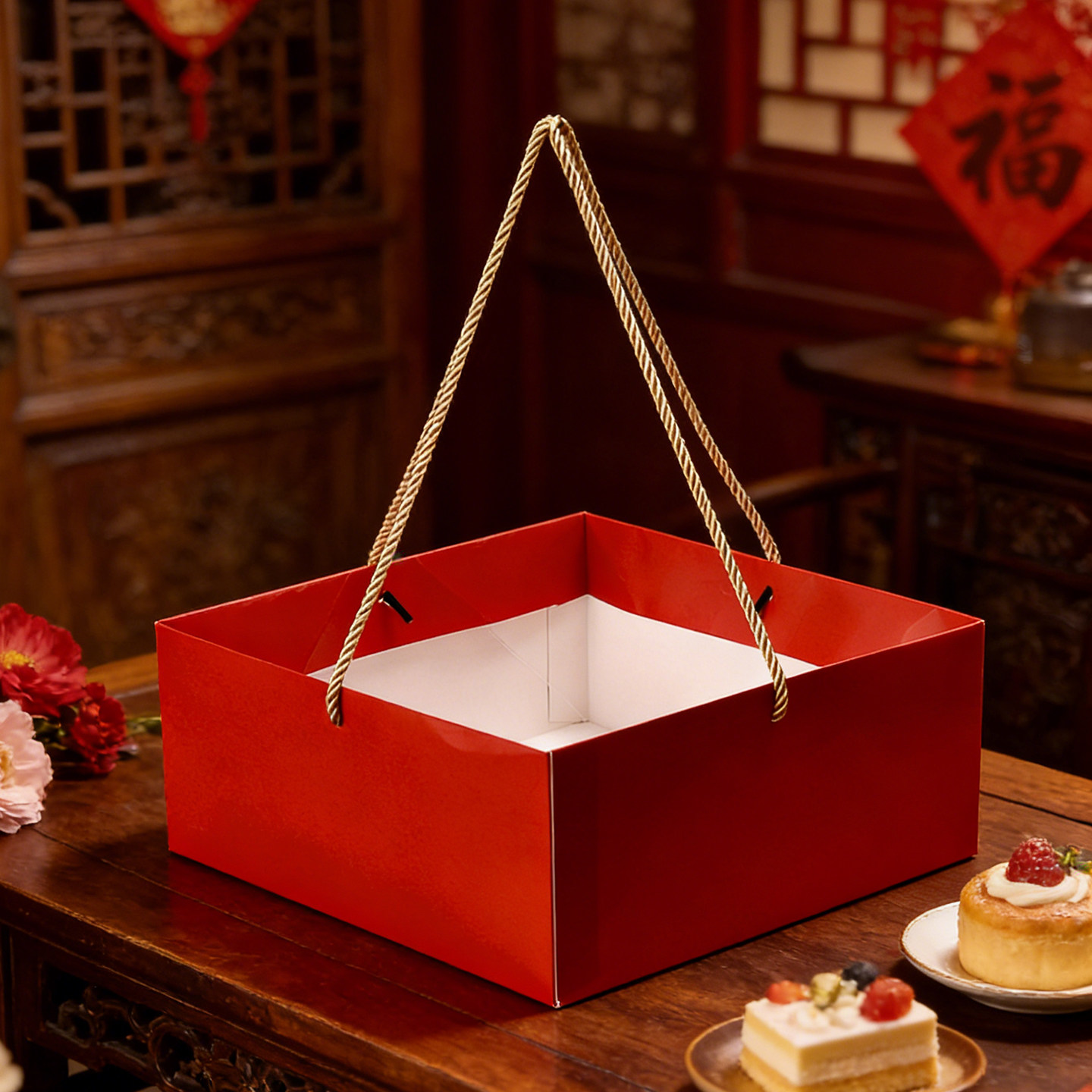 红色新年九宫格手拎袋甜品蛋糕纸袋子中式糕点花酥包装盒子外卖袋