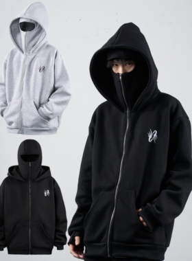 ZCNT秋冬原创俄式双帽悍匪卫衣双层连帽设计拉链卫衣百搭外套宽松