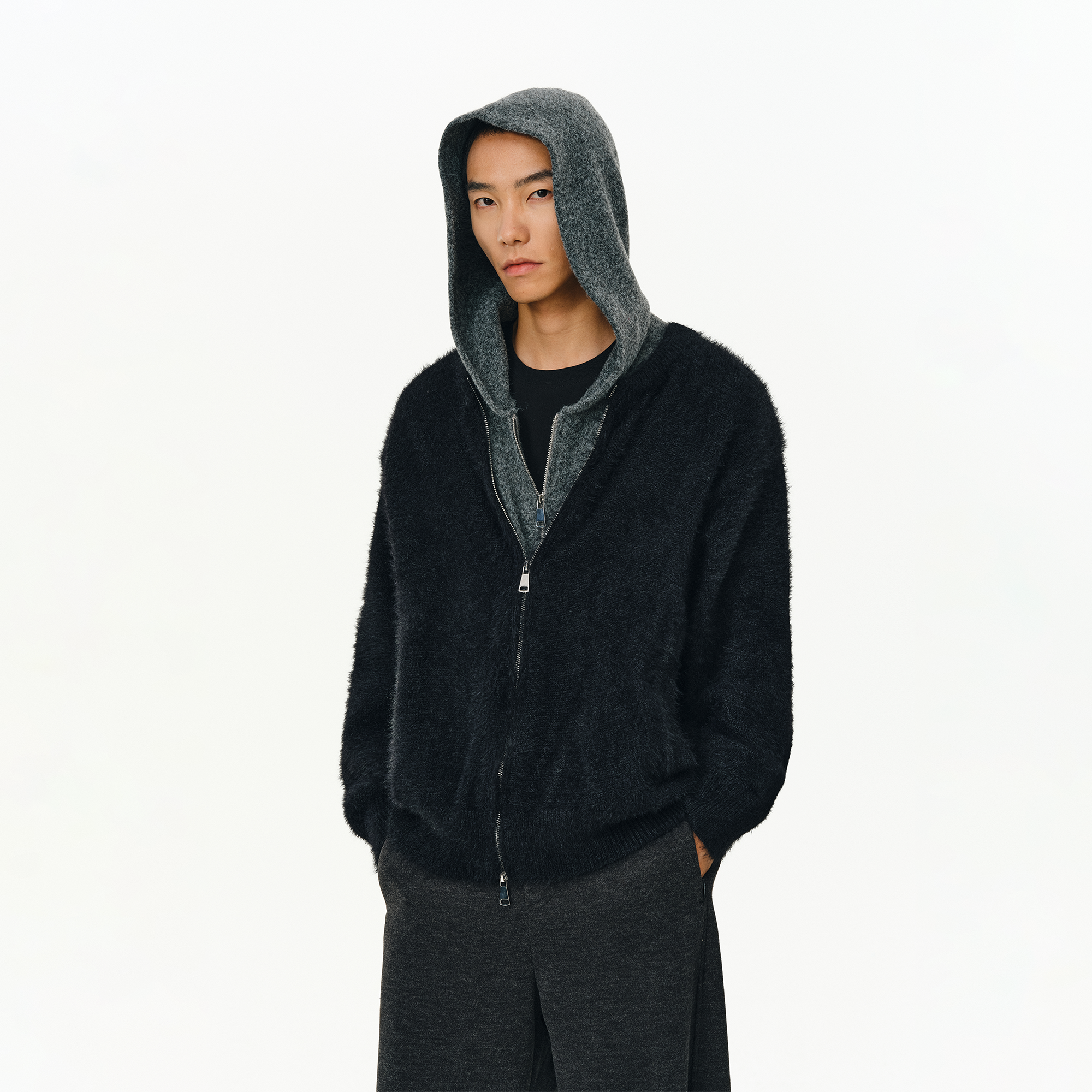 ATRY仿貂毛假两件外套男潮牌美式复古休闲设计感连帽拉链毛衣开衫