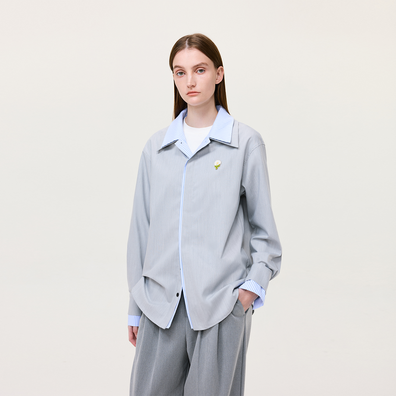 ATRY假两件条纹小花长袖衬衫