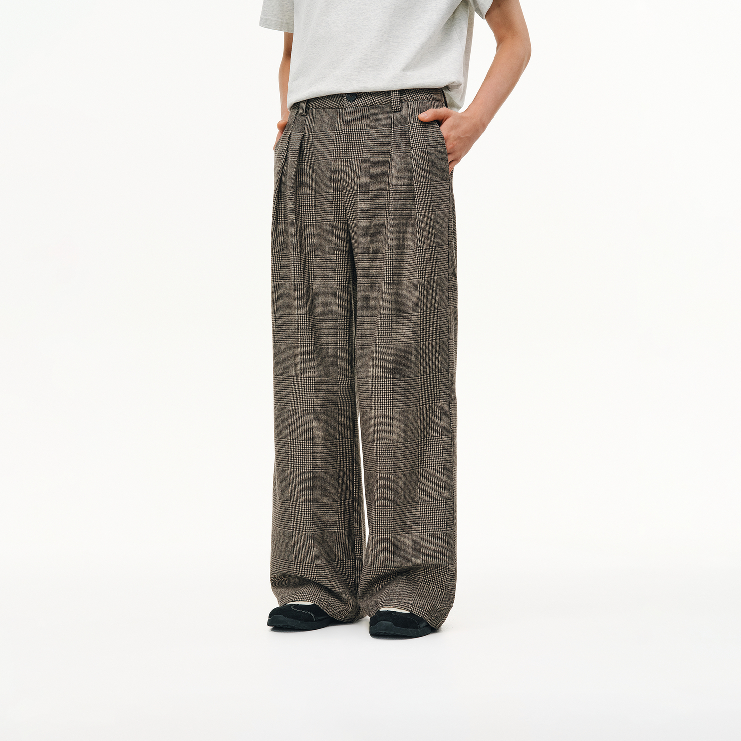 格纹阔腿裤羊毛混纺千鸟格直筒裤