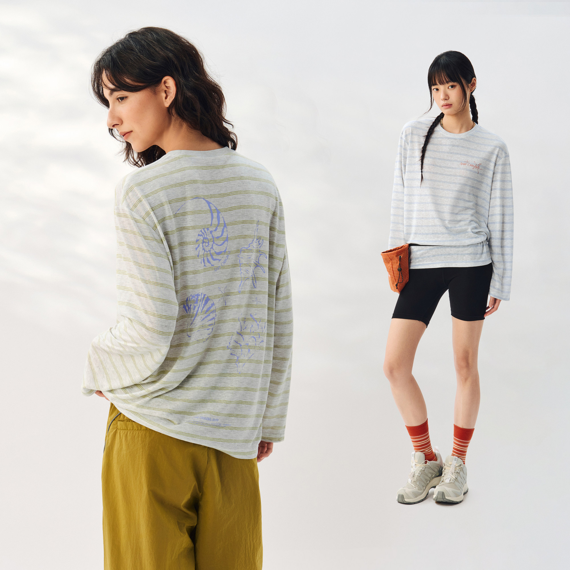 ATRY莱赛尔条纹长袖T恤女春夏潮牌户外休闲运动套头宽松罩衫上衣