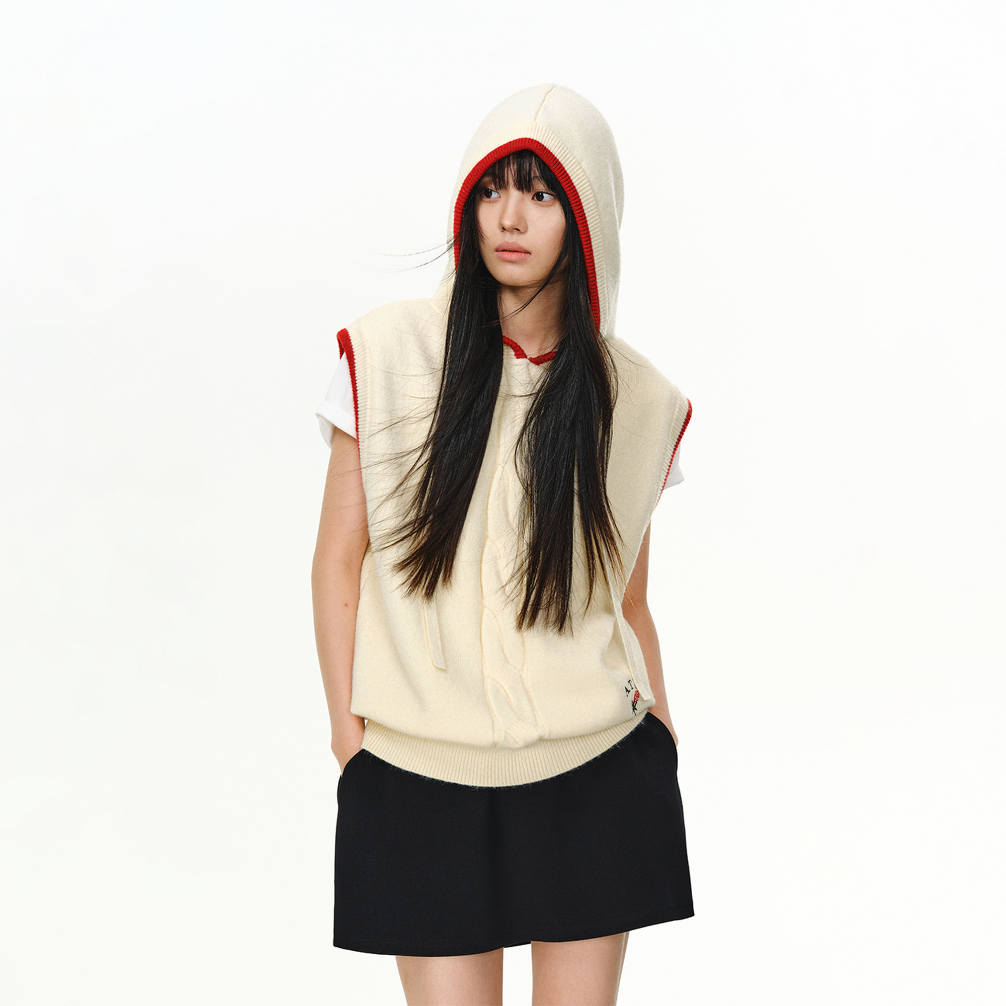 ATRY撞色连帽毛衣背心女外穿秋季新款小众设计感叠穿花卉刺绣上衣