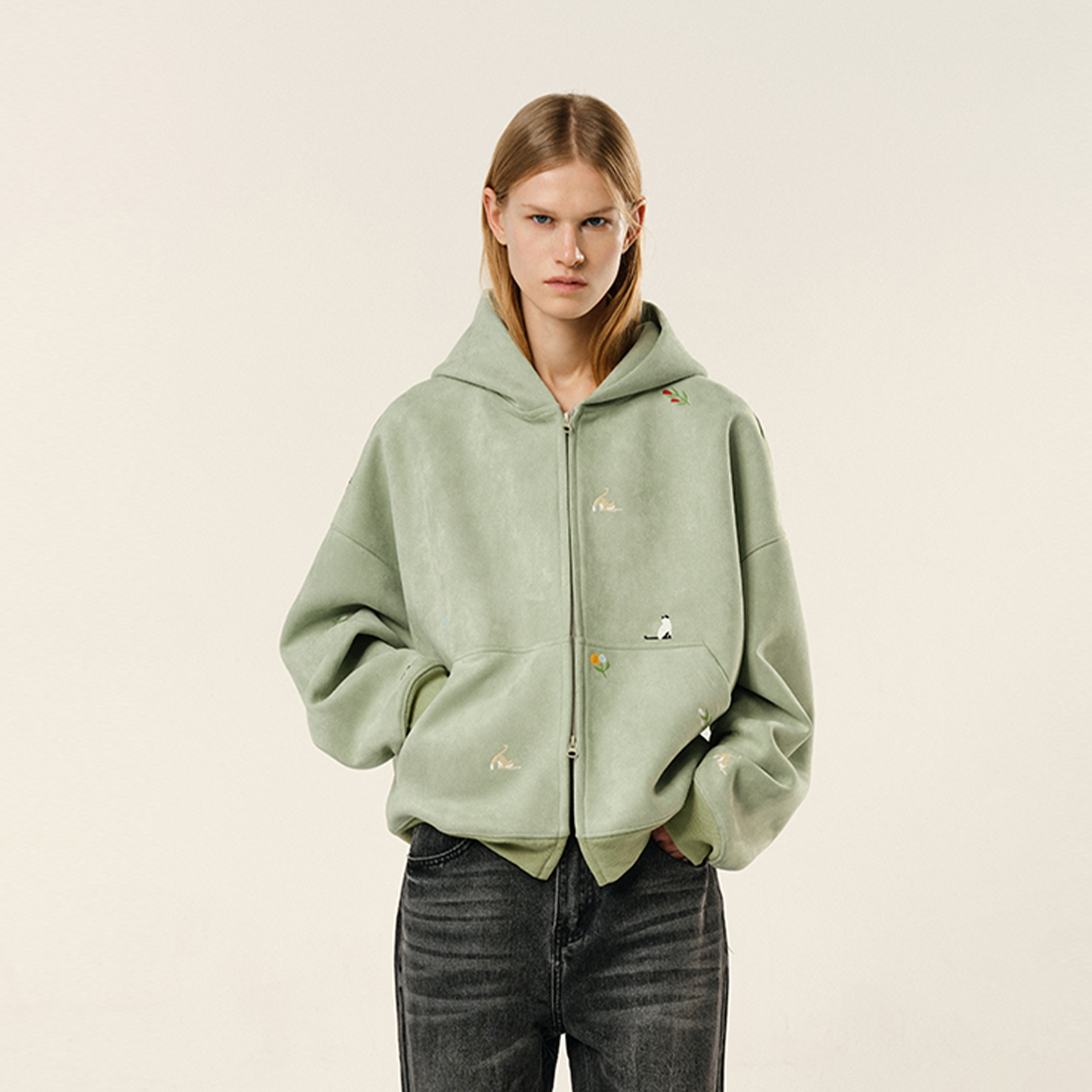 绿色卫衣外套女潮牌趣味猫猫开衫