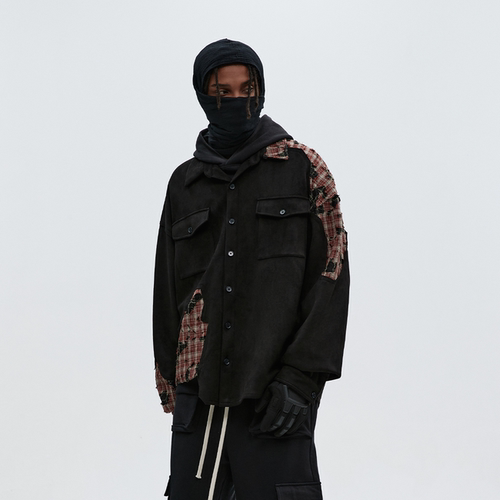 破坏感格纹拼接衬衫日常休闲