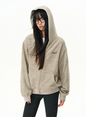 ATRY条纹连帽卫衣男秋冬休闲宽松美式情侣拉链帽衫毛领开衫外套女
