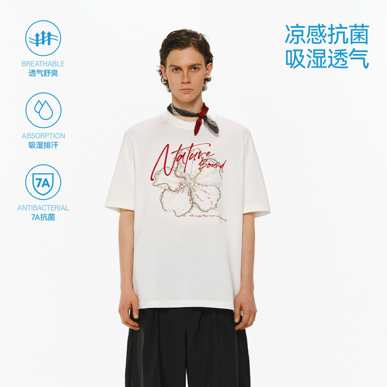 ATRY花卉刺绣凉感圆领短袖上衣男图片