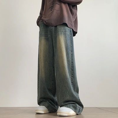 Distressed Vintage Blue Jeans Pants Men Wide-leg Denim Trous