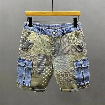 Summer New Cargo Denim Shorts Men's Irregular Splicing Print