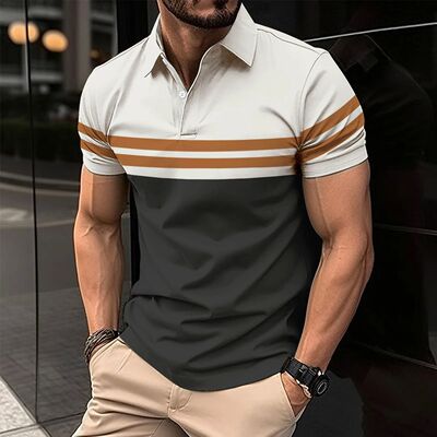 New Summer Men Short Sleeved  Shirt Fashion Splice Stripe Pr