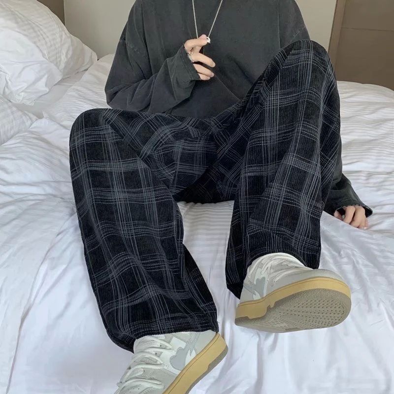 Men Checkered Casual Pants Loose Straight Corduroy Pants Swe 男装 短裤 原图主图