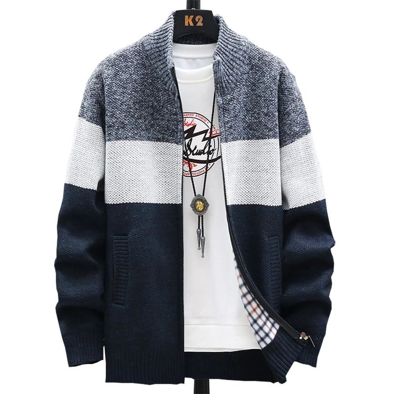 Winter Men Sweater Add Velvet Cardigan Patchwork Color Stand 男装 短裤 原图主图