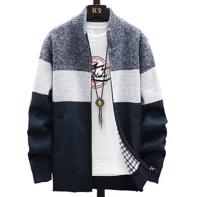 Winter Men Sweater Add Velvet Cardigan Patchwork Color Stand