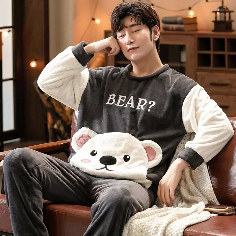 Winter Long Sleeve Thick Warm Flannel Pajama Sets for Men Co 男装 短裤 原图主图