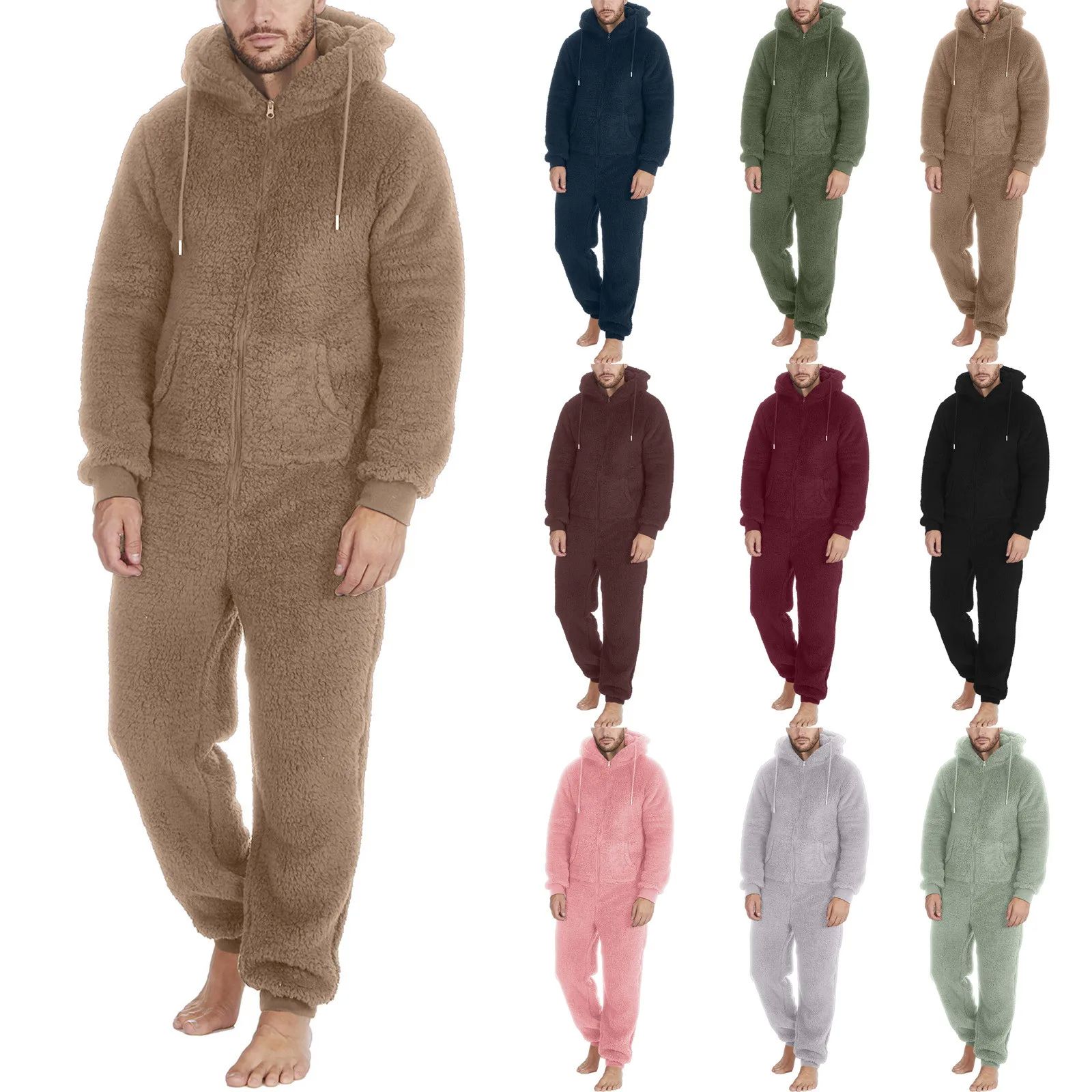 Men Plush Teddy Fleece Pajamas Winter Warm Hoodies Bodysuit 男装 短裤 原图主图