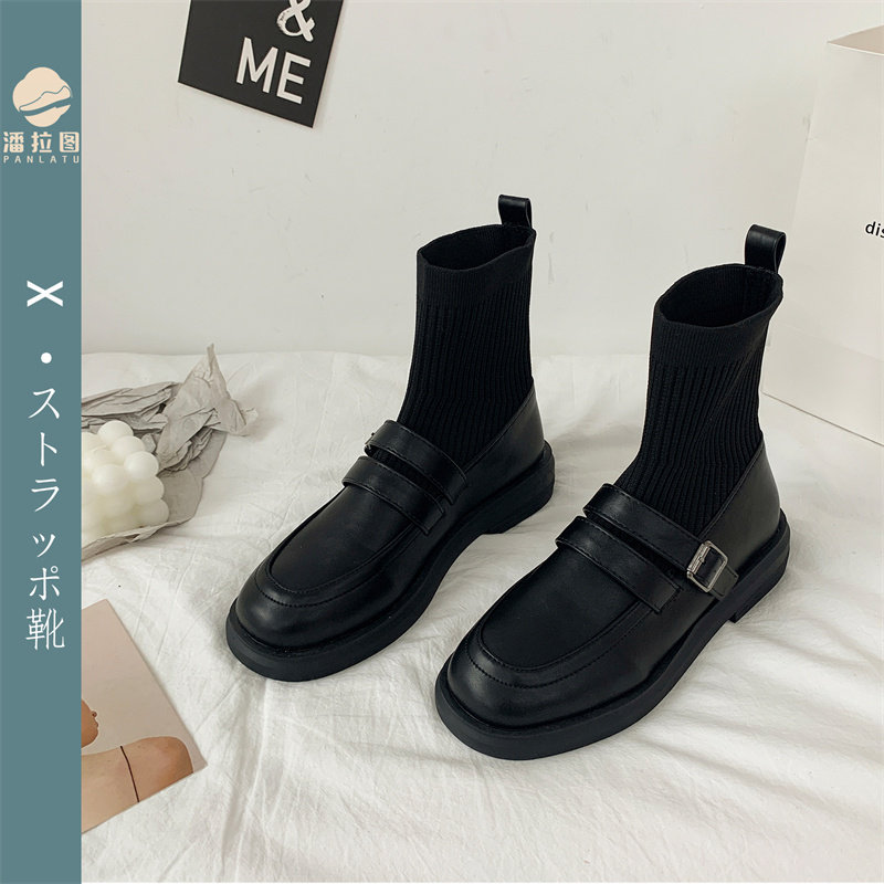 袜子短靴女2021夏季薄款瘦瘦春秋新款马丁靴连带小皮鞋中筒连袜靴