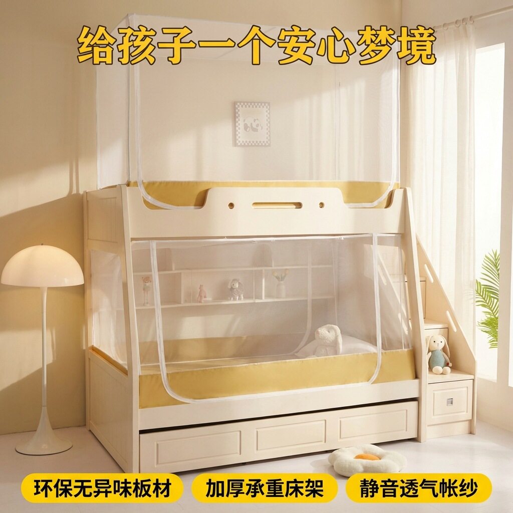 家用子母床上下铺蚊帐儿童双层床帐子带支架1.5米梯柜梯形蚊帐1.3